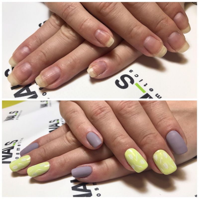 Eiropas manikīrs ar gēllakas pārklājumu un Moyra dizainu